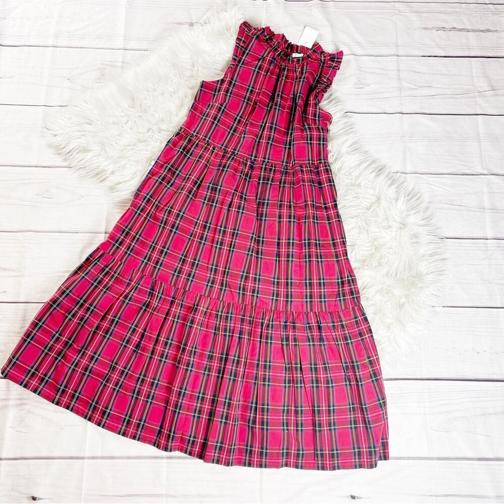 J. Crew Women's Factory Petite‎ Tiered Tartan Red Ruffle Midi Dress Size 00 - Picture 2 of 6